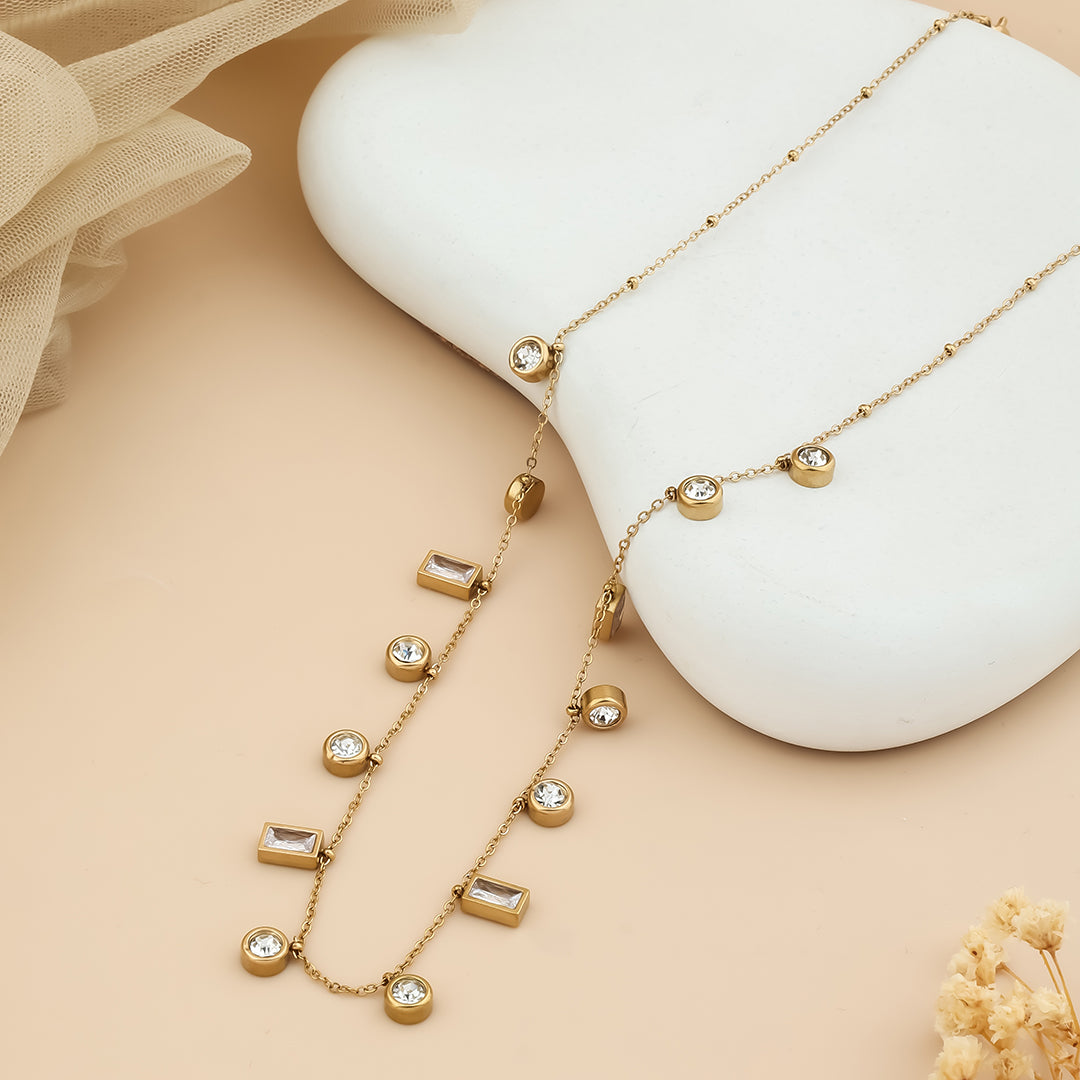 Square and round stone link chain necklace